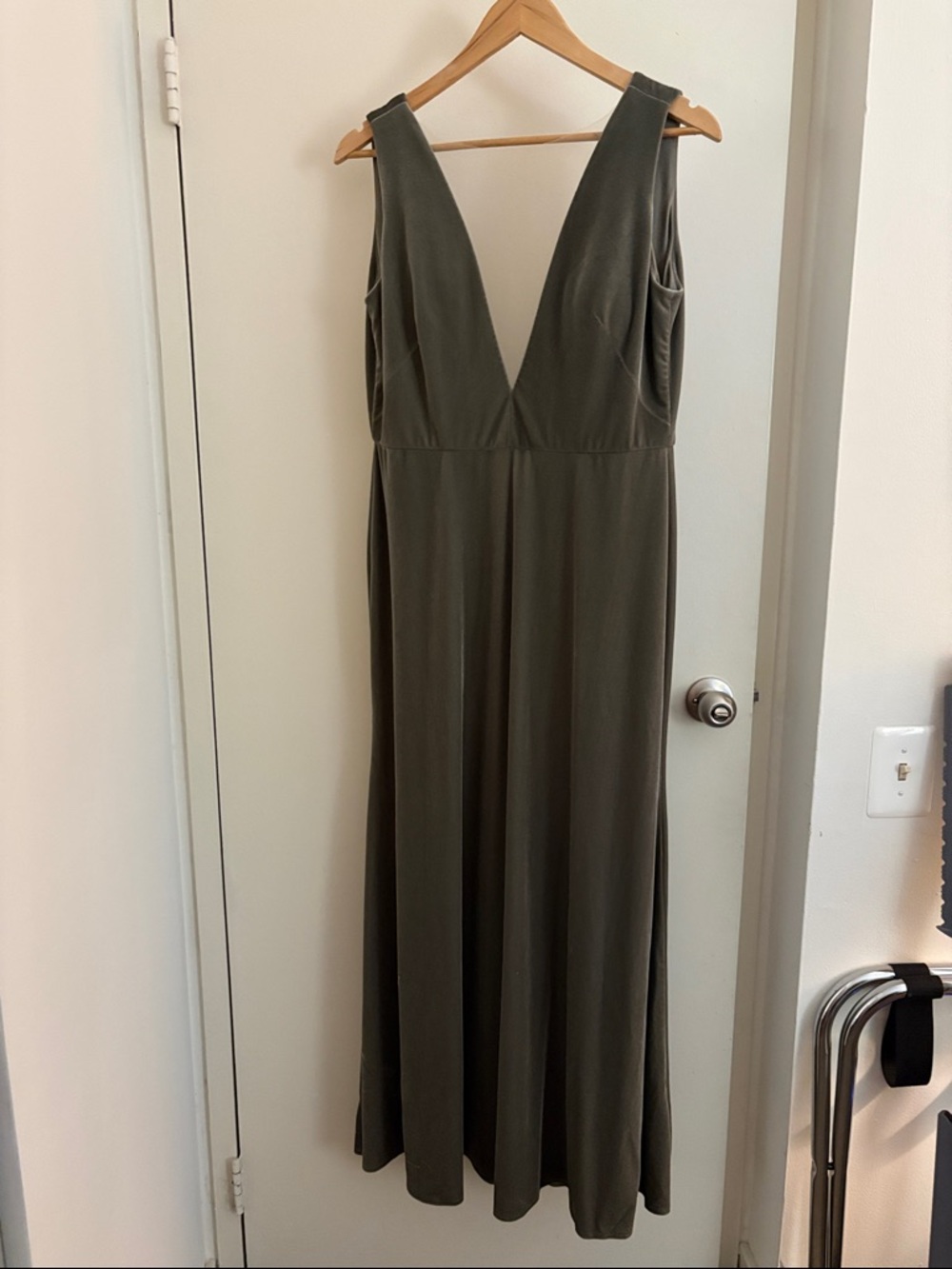 Jenny Yoo Deep V-Neck Sleeveless Maxi Dress in Olive Green